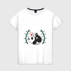 Женская футболка хлопок с принтом Мама панда с малышом в Кировске, 100% хлопок | прямой крой, круглый вырез горловины, длина до линии бедер, слегка спущенное плечо | Тематика изображения на принте: baby | mom | panda | бамбук | малыш | мама | панда | ребенок