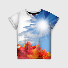 Детская футболка 3D с принтом Autumn в Кировске, 100% гипоаллергенный полиэфир | прямой крой, круглый вырез горловины, длина до линии бедер, чуть спущенное плечо, ткань немного тянется | autumn | листья | небо | облака | рисунок | солнце