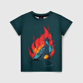 Детская футболка 3D с принтом Бирюзовый дракон в Кировске, 100% гипоаллергенный полиэфир | прямой крой, круглый вырез горловины, длина до линии бедер, чуть спущенное плечо, ткань немного тянется | Тематика изображения на принте: бирюзовый цвет | графика | дракон | огонь | персонаж | пламя | рисунок | фэнтези