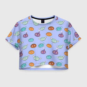 Женская футболка Crop-top 3D с принтом Слаймы в Кировске, 100% полиэстер | круглая горловина, длина футболки до линии талии, рукава с отворотами | genshin | genshin impact | slime | геншин | геншин импакт | паттерн | слаймы