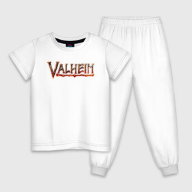 Детская пижама хлопок с принтом Valheim logo в Кировске, 100% хлопок |  брюки и футболка прямого кроя, без карманов, на брюках мягкая резинка на поясе и по низу штанин
 | Тематика изображения на принте: asgard | axe | games | gods | logo | loki | odin | spear | steam | thor | valheim | vikings | war | асгард | боги | вальхейм | викинги | война | игры | копье | лого | локи | один | стим | топор | тор