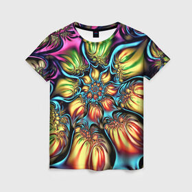 Женская футболка 3D с принтом Кислотный бум в Кировске, 100% полиэфир ( синтетическое хлопкоподобное полотно) | прямой крой, круглый вырез горловины, длина до линии бедер | art | casual | арт | взрыв | искусство | кислота | огни | пламя | стиль | эмоция