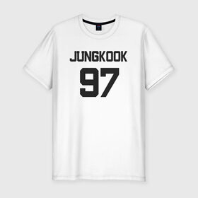Мужская футболка хлопок Slim с принтом BTS - Jungkook 97 в Кировске, 92% хлопок, 8% лайкра | приталенный силуэт, круглый вырез ворота, длина до линии бедра, короткий рукав | Тематика изображения на принте: boysband | bts | jungkook | jungkook 97 | k pop | korea | korean | music | бтс | джонгук | к поп | кей поп | корейская | корейский | корея | кпоп | музыка | чонгук