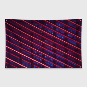 Флаг-баннер с принтом Неоновые полосы в Кировске, 100% полиэстер | размер 67 х 109 см, плотность ткани — 95 г/м2; по краям флага есть четыре люверса для крепления | в топе | в тренде | косые лучи | красные полосы | сине красные лучи | синие полосы | тёмный фон