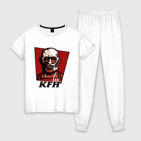 Женская пижама хлопок с принтом KFH - Kentucky Fried Human в Кировске, 100% хлопок | брюки и футболка прямого кроя, без карманов, на брюках мягкая резинка на поясе и по низу штанин | anime | attack | fried | human | kentucky | kfh | kyojin | manga | no | of | on | shingeki | titan | titans | аниме | армин | атака | бертольд | колосс | колоссальный | манга | микаса | райнер | титан | титанов | титаны | человек | энни