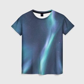 Женская футболка 3D с принтом Северное Сияние в Кировске, 100% полиэфир ( синтетическое хлопкоподобное полотно) | прямой крой, круглый вырез горловины, длина до линии бедер | звёздное небо | зелёный | северное небо. | синий | фиолетовый