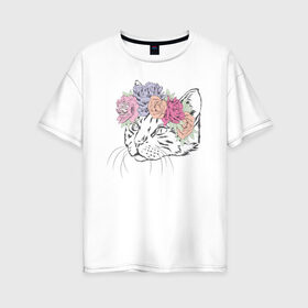 Женская футболка хлопок Oversize с принтом кошка в цветах в Кировске, 100% хлопок | свободный крой, круглый ворот, спущенный рукав, длина до линии бедер
 | 8 марта | весна | девушке | женский | мама | подарок | тренд | феминизм | цветы