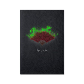 Обложка для паспорта матовая кожа с принтом Light your fire в Кировске, натуральная матовая кожа | размер 19,3 х 13,7 см; прозрачные пластиковые крепления | веер | зажги свой огонь | зеленый огонь | пламя | темный фон