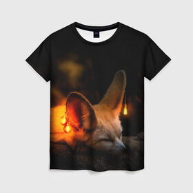 Женская футболка 3D с принтом Лисичка с фонариками в Кировске, 100% полиэфир ( синтетическое хлопкоподобное полотно) | прямой крой, круглый вырез горловины, длина до линии бедер | fox | foxy | животное | звери | лиса | лисенок | лисичка | милая | рыжая | фокс