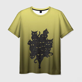 Мужская футболка 3D с принтом много черных котов в Кировске, 100% полиэфир | прямой крой, круглый вырез горловины, длина до линии бедер | градиент | демоны | дьяволы | желтые глаза | коты | кошки | магия | мрак | персонаж | потусторонье | примета | рисунок | сущность | черные | черный