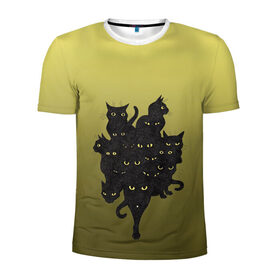 Мужская футболка 3D спортивная с принтом много черных котов в Кировске, 100% полиэстер с улучшенными характеристиками | приталенный силуэт, круглая горловина, широкие плечи, сужается к линии бедра | градиент | демоны | дьяволы | желтые глаза | коты | кошки | магия | мрак | персонаж | потусторонье | примета | рисунок | сущность | черные | черный