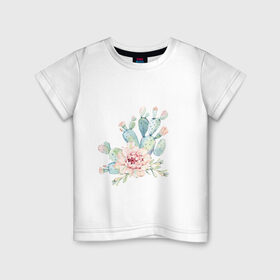 Детская футболка хлопок с принтом цветущий кактус акварель в Кировске, 100% хлопок | круглый вырез горловины, полуприлегающий силуэт, длина до линии бедер | акварель | акварельный | весна | кактус | мило | природа | растение | рисунок | суккулент | цветение | цветок | цветущий