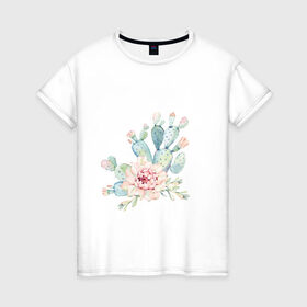 Женская футболка хлопок с принтом цветущий кактус акварель в Кировске, 100% хлопок | прямой крой, круглый вырез горловины, длина до линии бедер, слегка спущенное плечо | акварель | акварельный | весна | кактус | мило | природа | растение | рисунок | суккулент | цветение | цветок | цветущий