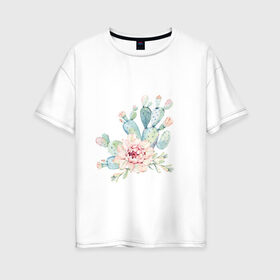 Женская футболка хлопок Oversize с принтом цветущий кактус акварель в Кировске, 100% хлопок | свободный крой, круглый ворот, спущенный рукав, длина до линии бедер
 | акварель | акварельный | весна | кактус | мило | природа | растение | рисунок | суккулент | цветение | цветок | цветущий