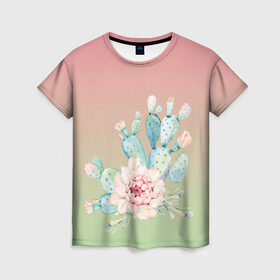 Женская футболка 3D с принтом суккулент градиент в Кировске, 100% полиэфир ( синтетическое хлопкоподобное полотно) | прямой крой, круглый вырез горловины, длина до линии бедер | акварель | акварельный | весна | кактус | мило | природа | растение | рисунок | суккулент | сукулент | цветение | цветок | цветущий | цветы