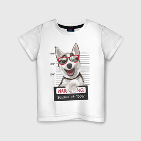 Детская футболка хлопок с принтом Задержанный хаски в Кировске, 100% хлопок | круглый вырез горловины, полуприлегающий силуэт, длина до линии бедер | очки | преступник | собака | улыбака | улыбка | хаски | хипстер