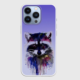 Чехол для iPhone 13 Pro с принтом енот акварелью потеки в Кировске,  |  | Тематика изображения на принте: акварель | акварельный | арт | брызги | енот | енотик | животные | зверек | краски | потеки | радуга | рисунок | яркий