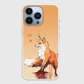 Чехол для iPhone 13 Pro с принтом акварельная лиса  задумчивости в Кировске,  |  | fox | акварель | акварельный | брызги | градиент | думы | зверек | краска | лис | лиса | лисенок | лисичка | листики | листья | мысли | обрыв | оранжевый | осень | потеки | рисунок | смотрит вдаль