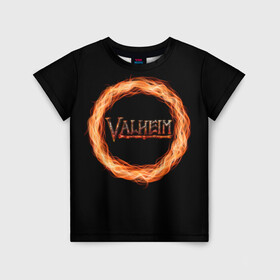 Детская футболка 3D с принтом Valheim - огненный круг в Кировске, 100% гипоаллергенный полиэфир | прямой крой, круглый вырез горловины, длина до линии бедер, чуть спущенное плечо, ткань немного тянется | valheim | вальхейм | викинги | игра | компьютерный | круг | логотип | минимализм | огненный | огонь | подарок | черный