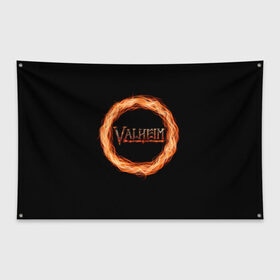 Флаг-баннер с принтом Valheim - огненный круг в Кировске, 100% полиэстер | размер 67 х 109 см, плотность ткани — 95 г/м2; по краям флага есть четыре люверса для крепления | valheim | вальхейм | викинги | игра | компьютерный | круг | логотип | минимализм | огненный | огонь | подарок | черный