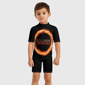Детский купальный костюм 3D с принтом Valheim - огненный круг в Кировске, Полиэстер 85%, Спандекс 15% | застежка на молнии на спине | valheim | вальхейм | викинги | игра | компьютерный | круг | логотип | минимализм | огненный | огонь | подарок | черный