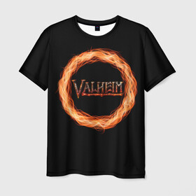 Мужская футболка 3D с принтом Valheim - огненный круг в Кировске, 100% полиэфир | прямой крой, круглый вырез горловины, длина до линии бедер | valheim | вальхейм | викинги | игра | компьютерный | круг | логотип | минимализм | огненный | огонь | подарок | черный