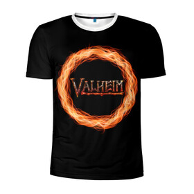 Мужская футболка 3D спортивная с принтом Valheim - огненный круг в Кировске, 100% полиэстер с улучшенными характеристиками | приталенный силуэт, круглая горловина, широкие плечи, сужается к линии бедра | valheim | вальхейм | викинги | игра | компьютерный | круг | логотип | минимализм | огненный | огонь | подарок | черный