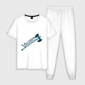 Мужская пижама хлопок с принтом Valheim тёмное лого с секирой в Кировске, 100% хлопок | брюки и футболка прямого кроя, без карманов, на брюках мягкая резинка на поясе и по низу штанин
 | p2p | pvp | valheim | валхейм | викинг | викинги | выживание | градиент | лого | песочница | сага | секира | скандинавы | сурвайвал | тёмный