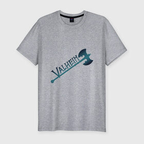 Мужская футболка хлопок Slim с принтом Valheim тёмное лого с секирой в Кировске, 92% хлопок, 8% лайкра | приталенный силуэт, круглый вырез ворота, длина до линии бедра, короткий рукав | Тематика изображения на принте: p2p | pvp | valheim | валхейм | викинг | викинги | выживание | градиент | лого | песочница | сага | секира | скандинавы | сурвайвал | тёмный