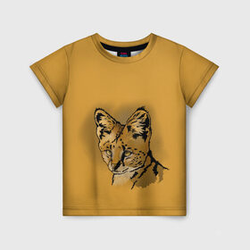 Детская футболка 3D с принтом Сервал в Кировске, 100% гипоаллергенный полиэфир | прямой крой, круглый вырез горловины, длина до линии бедер, чуть спущенное плечо, ткань немного тянется | африка | графика | дикий мир | животное | кошка | персонаж | природа | рисунок | хищник