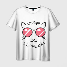 Мужская футболка 3D с принтом I Love cat (я люблю котов) в Кировске, 100% полиэфир | прямой крой, круглый вырез горловины, длина до линии бедер | 8 марта | cat | i love you | kiss | love | губы | девушке | день влюбленных | зубы | киса | кот | котик | коты | люблю котов | любовь | любтмой | марта | очки | поцелуй | розовые губы | розовый | страсть | течет
