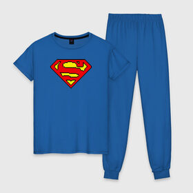 Женская пижама хлопок с принтом Superman 8 bit в Кировске, 100% хлопок | брюки и футболка прямого кроя, без карманов, на брюках мягкая резинка на поясе и по низу штанин | Тематика изображения на принте: justice league | superman | vdzabma | лига справедливости | супермен