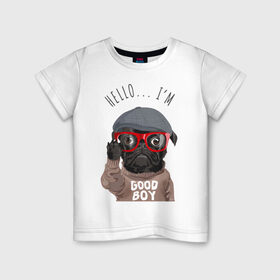 Детская футболка хлопок с принтом Хороший мальчик в Кировске, 100% хлопок | круглый вырез горловины, полуприлегающий силуэт, длина до линии бедер | кепка | мальчик | мопс | очки | пёс | собака | хипстер | хороший