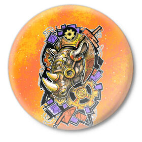Значок с принтом Стимпанк Носорог - Rhino в Кировске,  металл | круглая форма, металлическая застежка в виде булавки | графика | граффити | кляксы | механика | носорог | оранжевый | от руки | рисунок | скетч | стимпанк | шестерёнки | шестерни | яркий