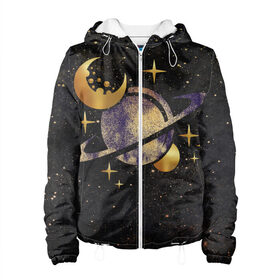 Женская куртка 3D с принтом Сатурн, луна, спутник и звезды в Кировске, ткань верха — 100% полиэстер, подклад — флис | прямой крой, подол и капюшон оформлены резинкой с фиксаторами, два кармана без застежек по бокам, один большой потайной карман на груди. Карман на груди застегивается на липучку | astronaut | cosmonaut | cosmos | earth | galaxy | moon | nasa | planet | saturn | space | star | universe | астрология | астронавт | вселенная | галактика | звезда | земля | компенсаторика | космонавт | космос | луна | марс | наса | нло | планета