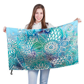 Флаг 3D с принтом цветочный узор в Кировске, 100% полиэстер | плотность ткани — 95 г/м2, размер — 67 х 109 см. Принт наносится с одной стороны | белый | бирюзовый | градиент | дудлинг | зеленый | рисунок | синий | узор | цветочный | цветы