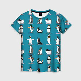 Женская футболка 3D с принтом Пингвина на заярдке в Кировске, 100% полиэфир ( синтетическое хлопкоподобное полотно) | прямой крой, круглый вырез горловины, длина до линии бедер | голубая | день валентина | день святого | день святого валентина | зарядка | качки | пингвин | пингвины | прикольная | птица | птицы | физкультура | физра
