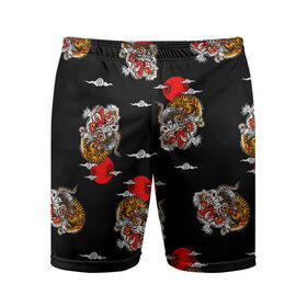 Мужские шорты спортивные с принтом Японский стиль - тигры в Кировске,  |  | арт | животные | облака | огонь | пламя | рисунок | стиль | тигр | японский