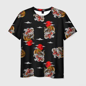 Мужская футболка 3D с принтом Японский стиль - тигры в Кировске, 100% полиэфир | прямой крой, круглый вырез горловины, длина до линии бедер | арт | животные | облака | огонь | пламя | рисунок | стиль | тигр | японский