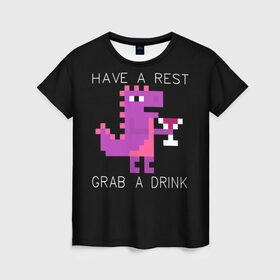 Женская футболка 3D с принтом Динозаврик с вином в Кировске, 100% полиэфир ( синтетическое хлопкоподобное полотно) | прямой крой, круглый вырез горловины, длина до линии бедер | английский текст | вино | динозавр | пиксели | пиксель арт