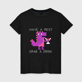 Женская футболка хлопок с принтом динозаврик с винишком в Кировске, 100% хлопок | прямой крой, круглый вырез горловины, длина до линии бедер, слегка спущенное плечо | английский текст | вино | динозаврик | пиксель арт | прикольный текст