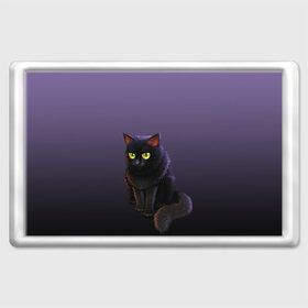Магнит 45*70 с принтом черный кот на фиолетовом в Кировске, Пластик | Размер: 78*52 мм; Размер печати: 70*45 | cat | kitten | большие глаза | глазища | градиент | дьявол | кот | котейка | котик | кошка | мрачный | мяу | персонаж | рисунок | фиолетовый | черный | шерсть