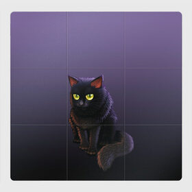 Магнитный плакат 3Х3 с принтом черный кот на фиолетовом в Кировске, Полимерный материал с магнитным слоем | 9 деталей размером 9*9 см | cat | kitten | большие глаза | глазища | градиент | дьявол | кот | котейка | котик | кошка | мрачный | мяу | персонаж | рисунок | фиолетовый | черный | шерсть