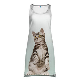 Платье-майка 3D с принтом котенок на задних лапках в Кировске, 100% полиэстер | полуприлегающий силуэт, широкие бретели, круглый вырез горловины, удлиненный подол сзади. | cat | kitten | выпрашивает | градиент | зеленый | короткошерстный | кот | котейка | котик | кошка | мяу | полоски | просит | реалистичный | смотрит вверх | стоит | тянется | удивленный