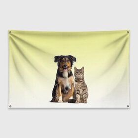 Флаг-баннер с принтом кошка и собака друзья в Кировске, 100% полиэстер | размер 67 х 109 см, плотность ткани — 95 г/м2; по краям флага есть четыре люверса для крепления | cat | kitten | вместе | домашние любимцы | друзья | животные | кот | котейка | котик | кошка | пес | собака | соседи