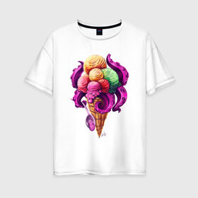 Женская футболка хлопок Oversize с принтом Монстро мороженное в Кировске, 100% хлопок | свободный крой, круглый ворот, спущенный рукав, длина до линии бедер
 | sweets | вкусняшка | монстры | мороженное | щупальца