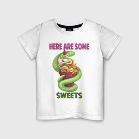 Детская футболка хлопок с принтом Змеиные ссссладости в Кировске, 100% хлопок | круглый вырез горловины, полуприлегающий силуэт, длина до линии бедер | snake | sweet | sweets | десерты | змея | сладкое