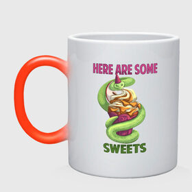 Кружка хамелеон с принтом Змеиные ссссладости в Кировске, керамика | меняет цвет при нагревании, емкость 330 мл | snake | sweet | sweets | десерты | змея | сладкое