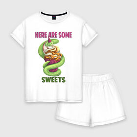 Женская пижама с шортиками хлопок с принтом Змеиные ссссладости в Кировске, 100% хлопок | футболка прямого кроя, шорты свободные с широкой мягкой резинкой | snake | sweet | sweets | десерты | змея | сладкое