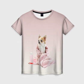 Женская футболка 3D с принтом собачка полотенце процедуры  в Кировске, 100% полиэфир ( синтетическое хлопкоподобное полотно) | прямой крой, круглый вырез горловины, длина до линии бедер | ванна | выходной | градиент | душ | забота и теле | любовь к себе | мини собака | полотенце | процедуры | розовый | собака | собачка | спа | уход | чихуахуа | чихуашка | щенок